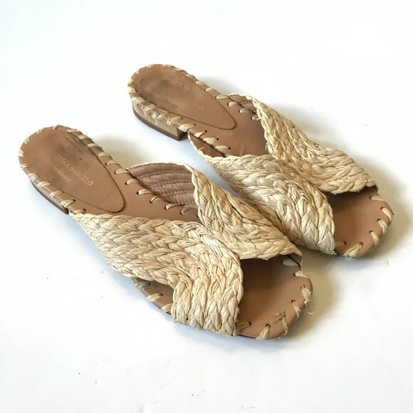 Paloma Barcelo Raffia Sandals Slide Womens 39 9 Natural Open Toe Slip On Leather - Picture 3 of 10